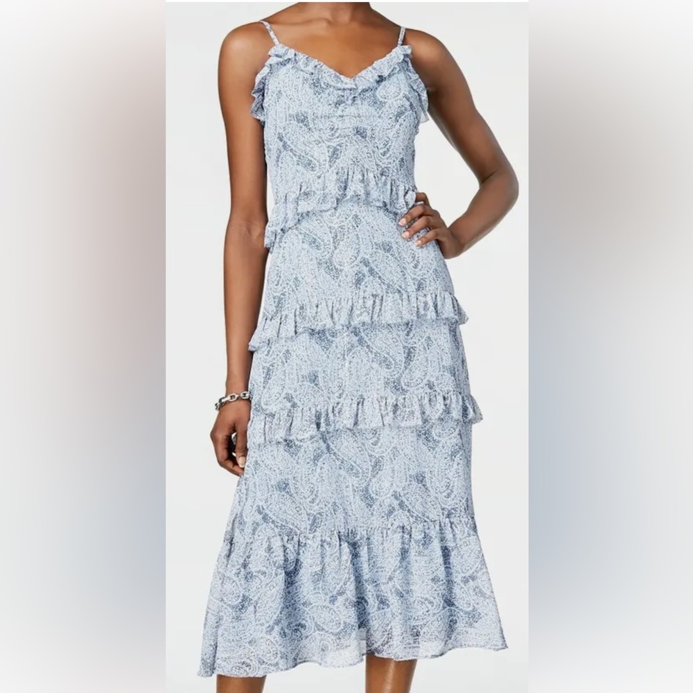 Michael Michael Kors Womens Ruffle Trimmed Midi Dress True Navy/Light